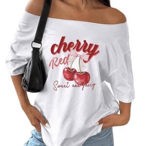 SXV Women's Loose Bowknot Asymmetrical Neck T-Shirt, Oversized Cherry Pink & White Y2K Style
